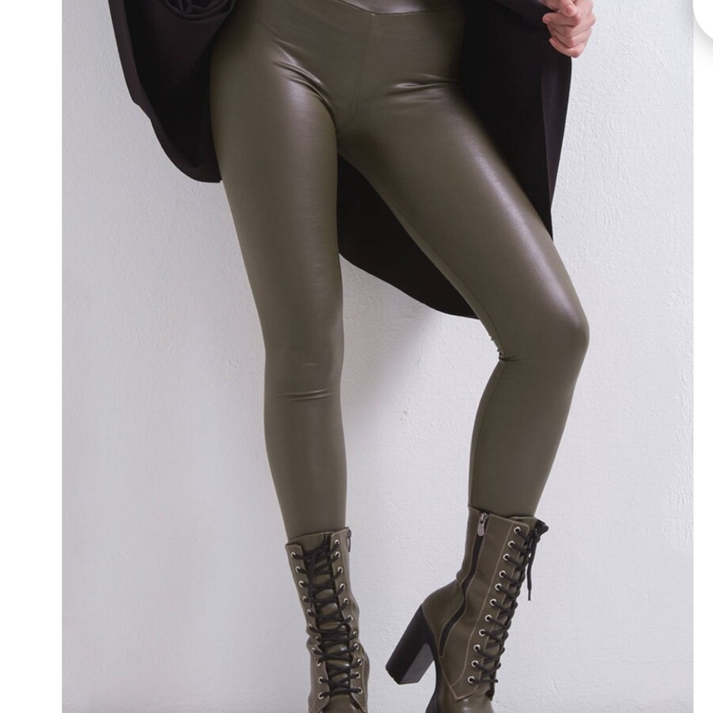 Olive Faux Leather high waist leggings - Picture 2 of 6